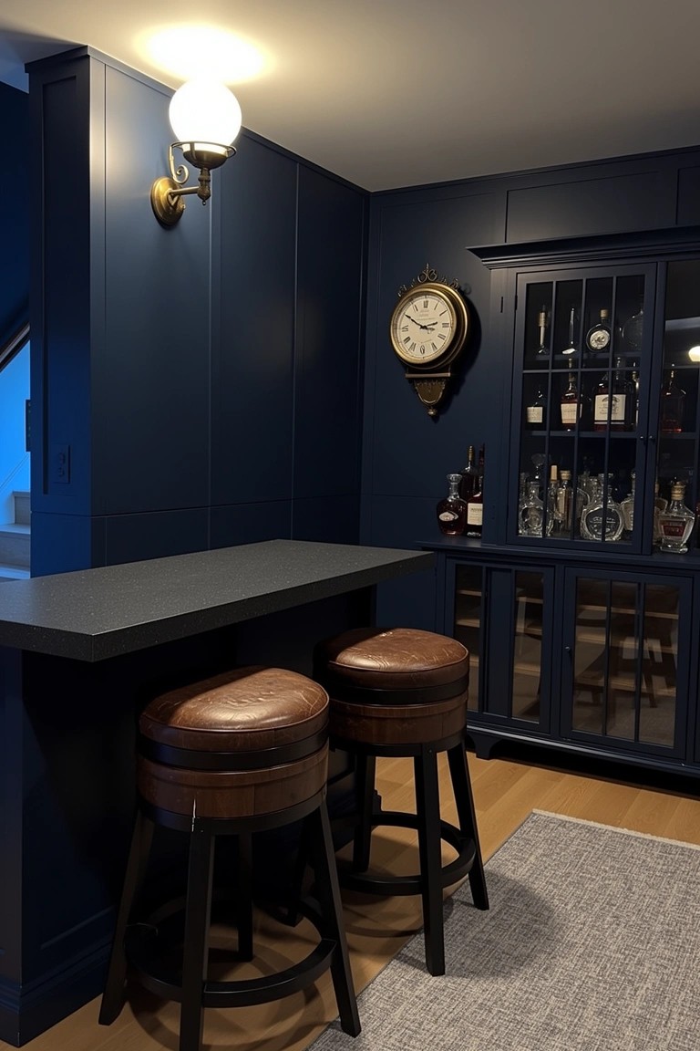 Navy blue corner bar cabinet with glass doors for bottles, black countertop, and two leather bar stools
