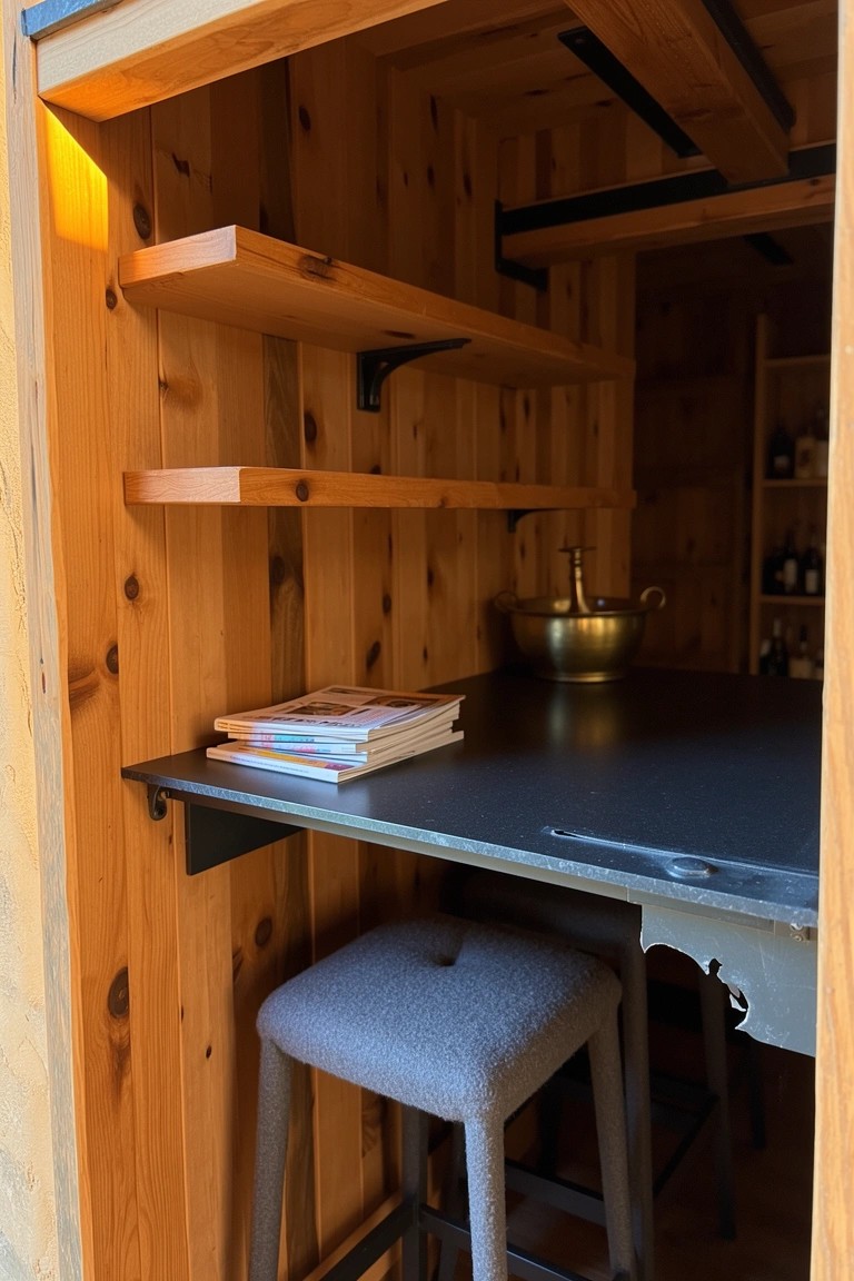 Small wooden bar nook with open pine shelves stocked with bottles above a black metal counter and stool