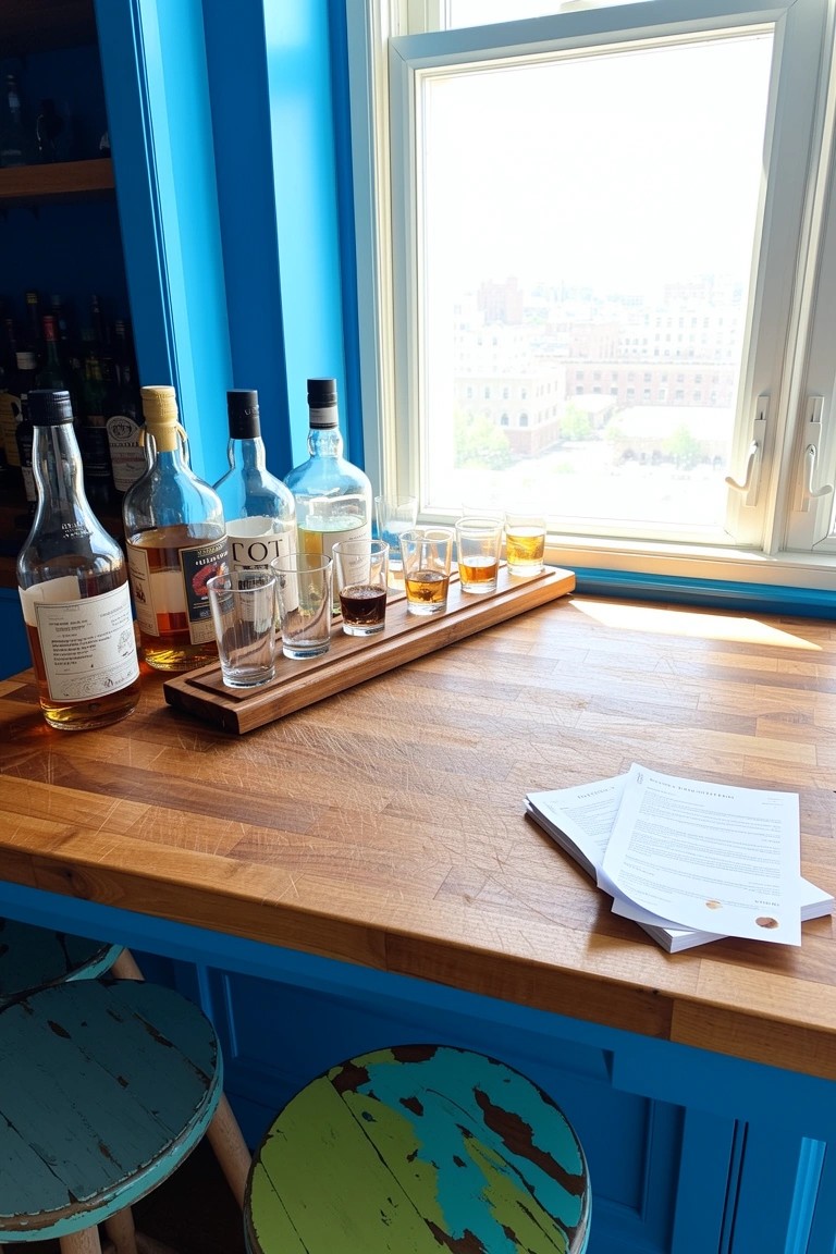 Wooden tasting board with whiskey glasses and pours on a butcher block bar counter, blue cabinets with bottles above, stools nearby by a window