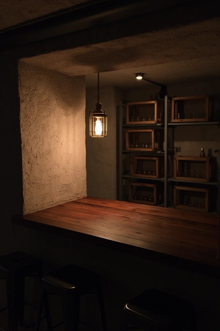 Recessed home bar alcove with wooden countertop, black stools, metal-framed wooden shelves for bottles, and warm pendant lighting