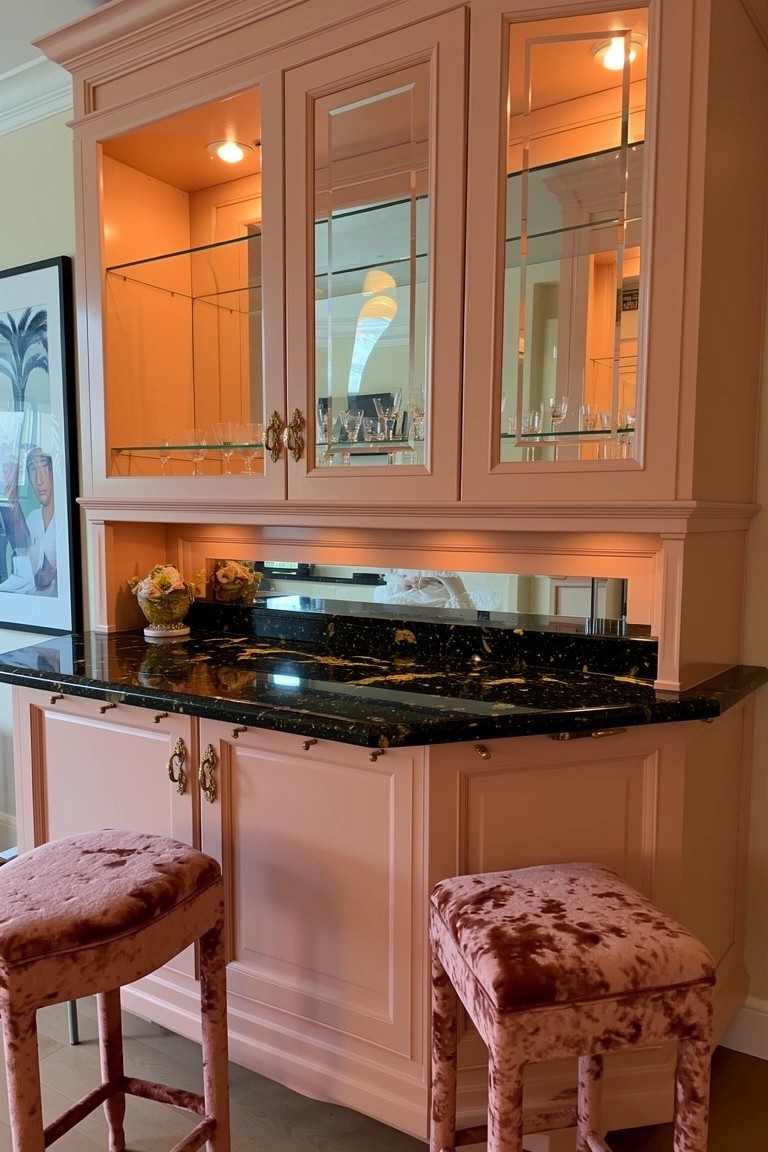 Blush pink vintage bar cabinet with glass-front lit shelves, black granite countertop, and pink velvet bar stools