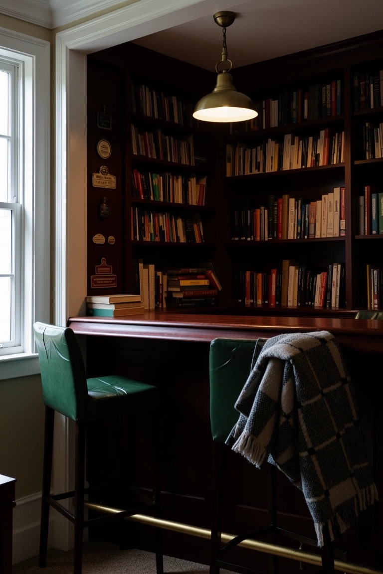 Wooden bar counter in dark bookshelf-lined corner with green stools, draped blanket, and brass pendant light