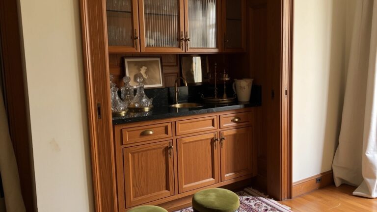 Recessed wooden wet bar cabinet with glassware storage, black granite sink countertop, decanters, vintage portrait, and green stools on a rug
