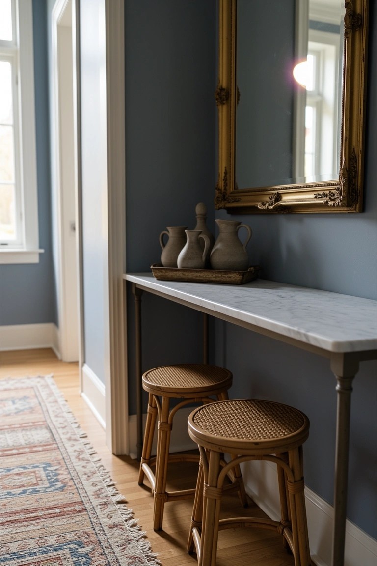 Narrow blue hallway with marble-top console table holding grouped terracotta vases, ornate gold mirror above, rattan stools tucked below, and patterned rug on wood floor