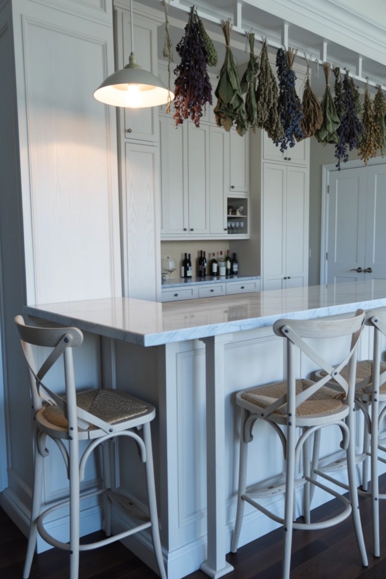 White cabinet home bar with marble countertop, cane stools, and dried herb bundles hanging overhead