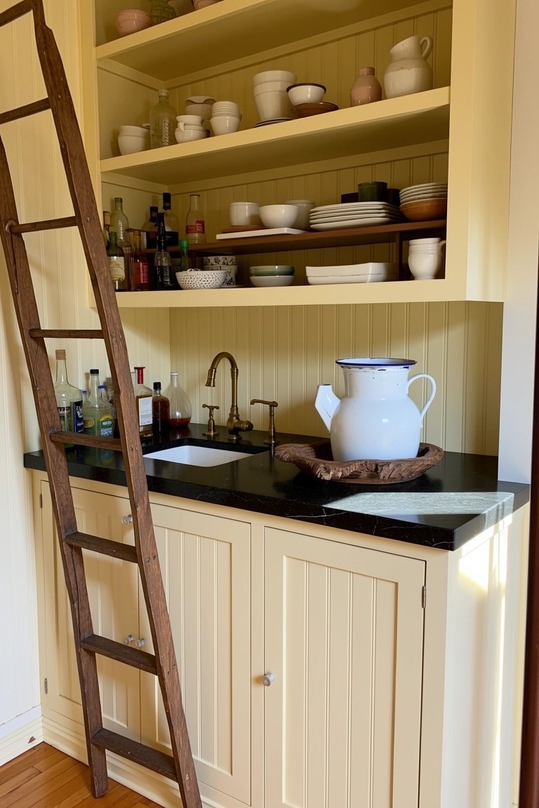 Wooden ladder leaning against yellow open shelves stocked with bottles, glasses, and ceramics above a black countertop sink in a vintage kitchen bar area