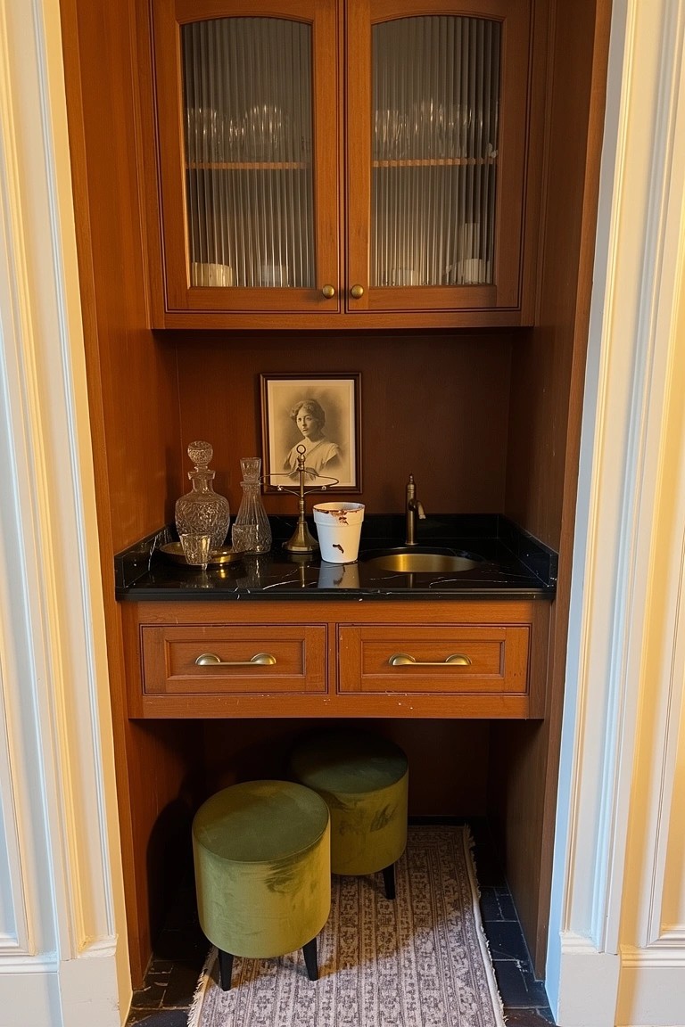 Recessed wooden wet bar cabinet with glassware storage, black granite sink countertop, decanters, vintage portrait, and green stools on a rug