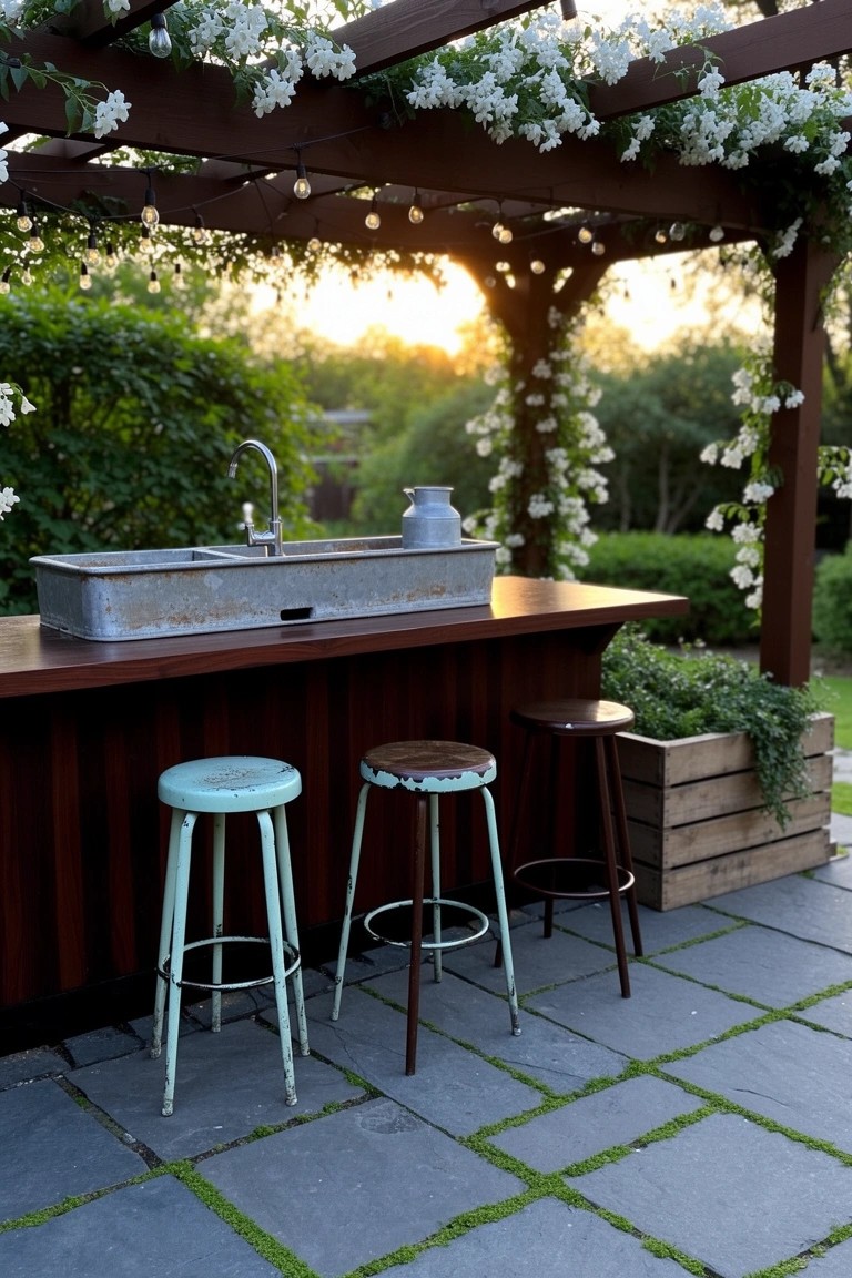 Rustic wooden outdoor bar counter with metal sink trough and vintage stools under pergola draped in white flowers, garden plants nearby