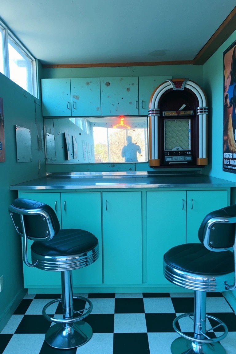 Compact turquoise home bar with swivel stools, jukebox, and checkered tile floor