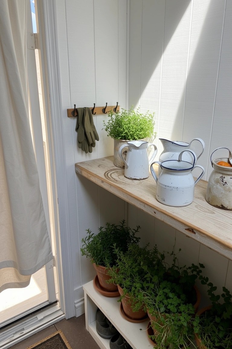 Vintage white enamel watering cans and potted herbs on a narrow wooden shelf against white shiplap wall