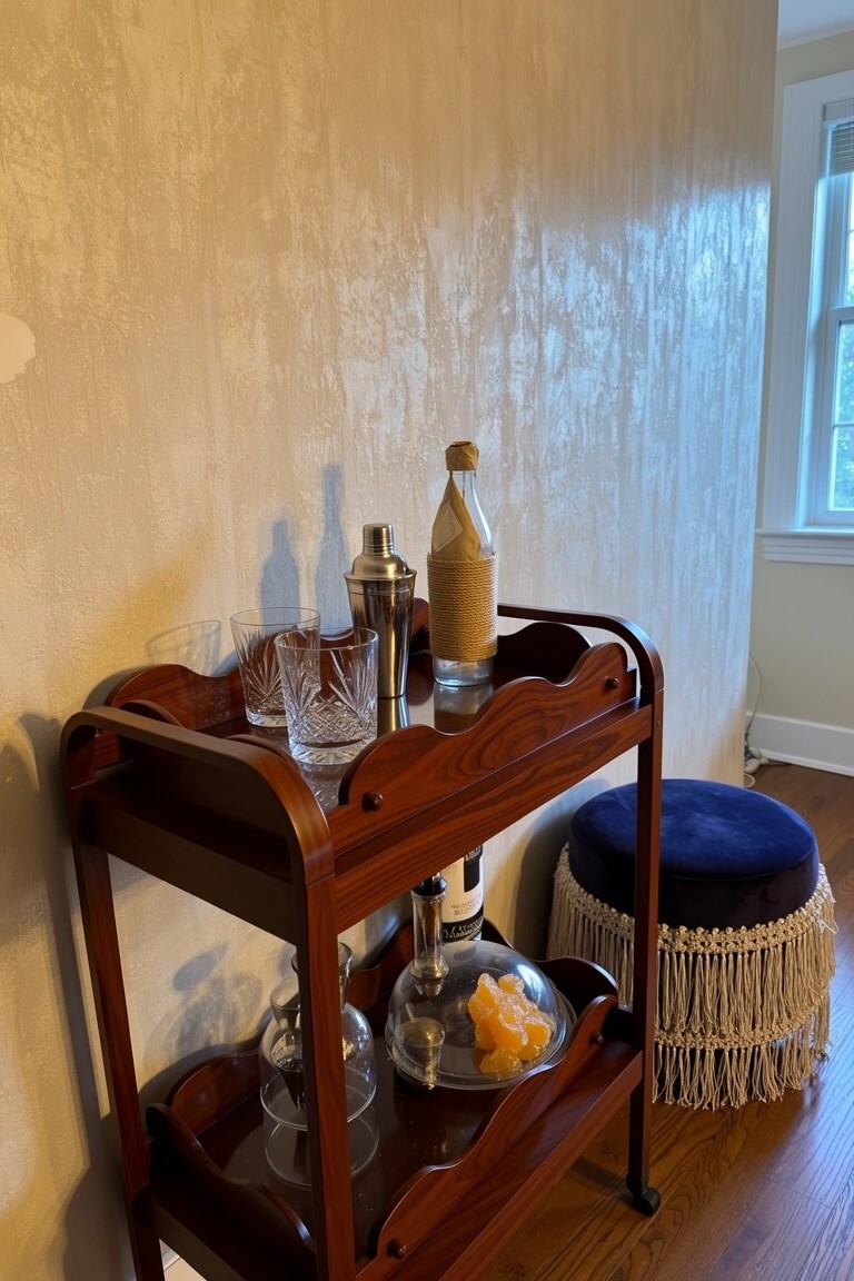 Vintage wooden two-shelf bar cart with glasses, shaker, bottle, and orange slices on beige textured wall next to blue velvet stool
