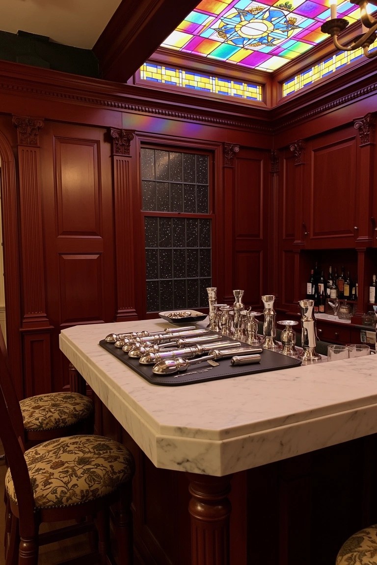 Wood-paneled corner home bar with marble countertop, silverware trays, and stained glass ceiling light