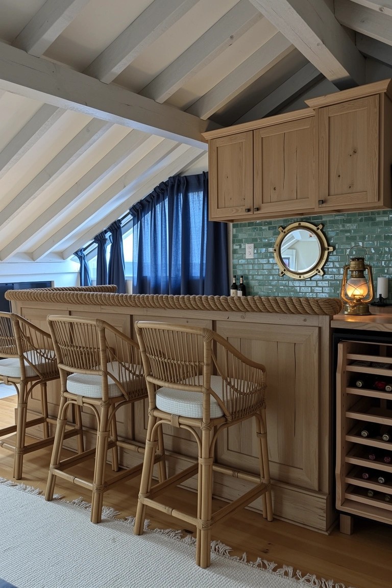 Wooden home bar under exposed attic beams with rattan stools, nautical mirror, and green tile backsplash