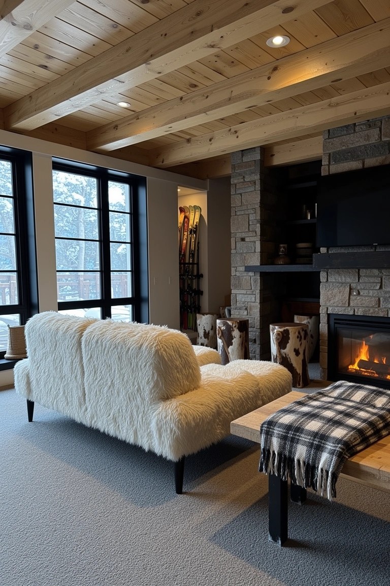 Rustic cabin-style man cave lounge with stone fireplace, exposed wood beams, shaggy white sofas, cowhide stools, and skis nearby
