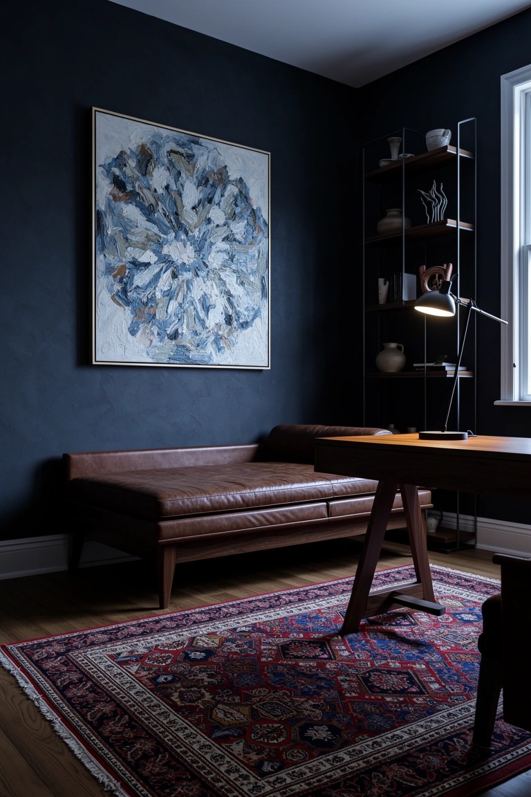 Cozy man cave corner with dark navy walls, leather bench, wooden desk, open shelves, abstract blue painting, and red Persian rug