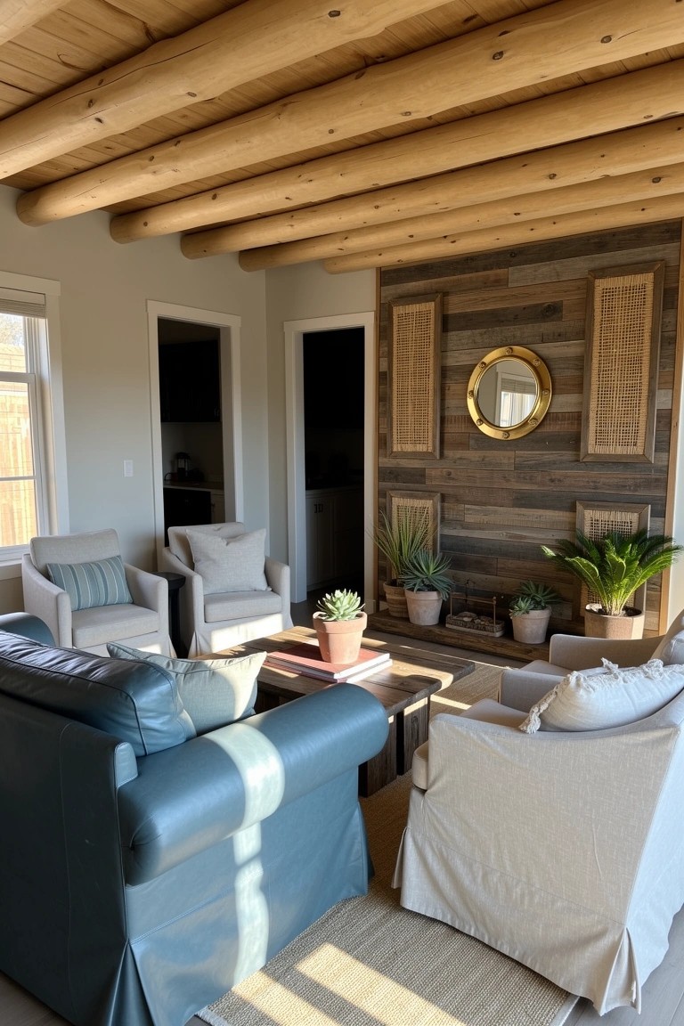 Cozy seating area under exposed wood beam ceiling with rustic plank wall fireplace neutral sofas chairs and potted plants