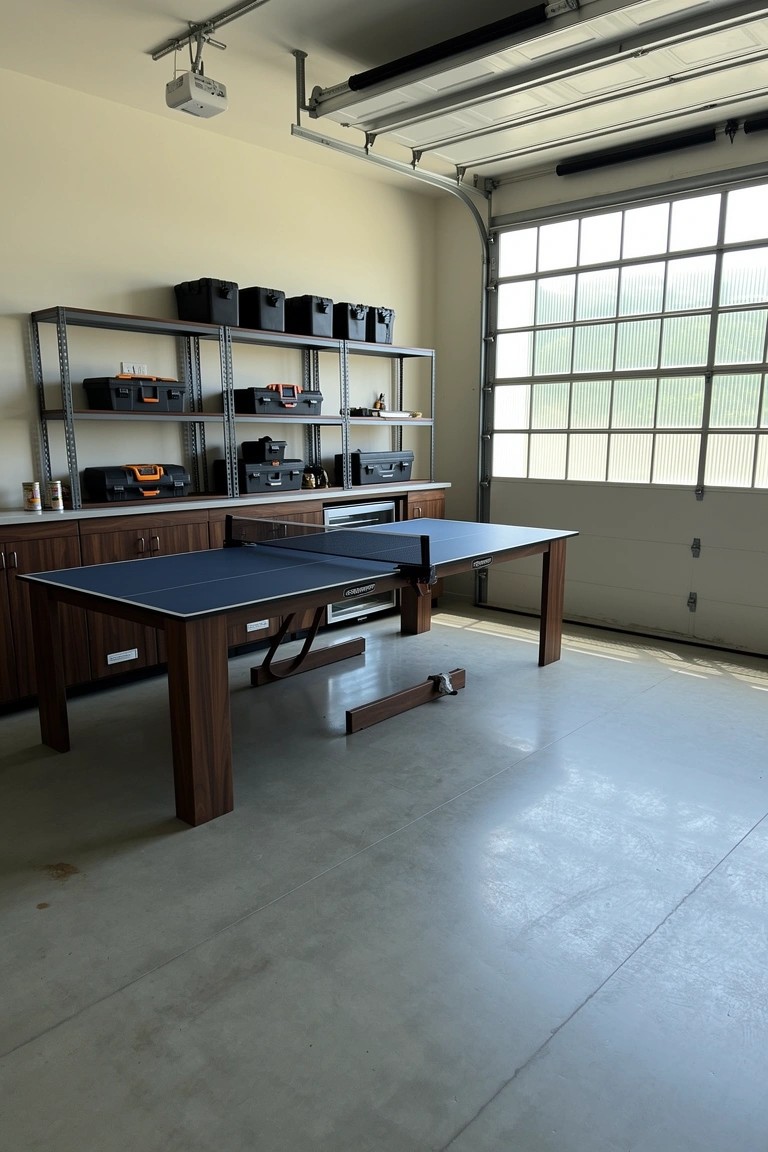 Garage man cave with blue ping pong table on wooden cabinet base and metal shelving stocked with black bins