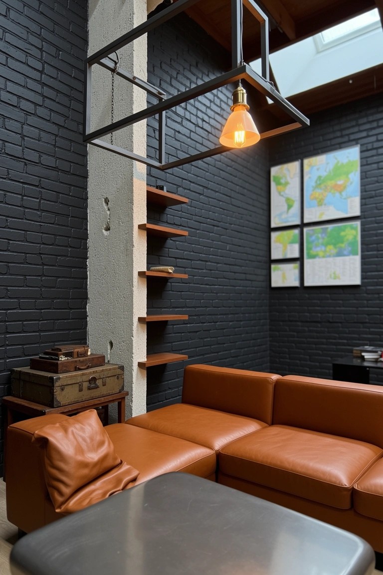 Industrial man cave corner with black brick walls, orange leather L-shaped sofa, metal shelves, and pendant light