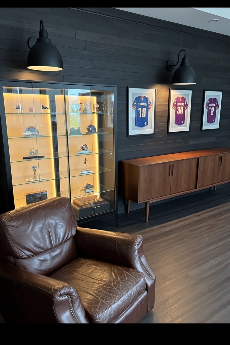 Man cave with dark wood walls, illuminated glass display cabinets holding sports trophies, framed jerseys, leather armchair, and wooden credenza