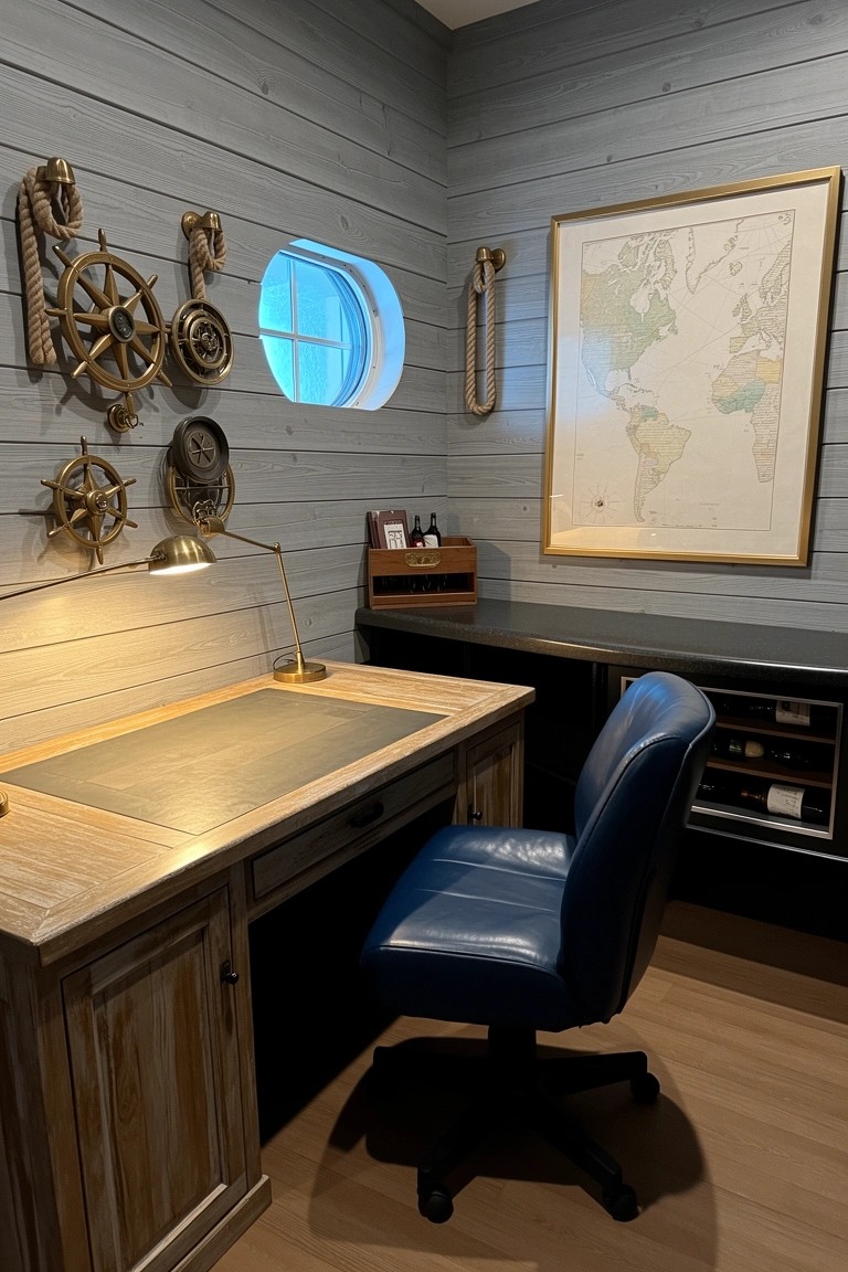 Gray shiplap corner office with porthole window, nautical brass decor, wooden desk, and blue leather swivel chair