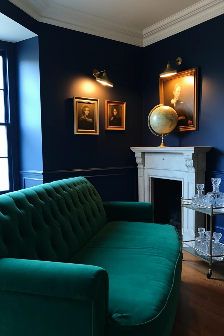 Cozy man cave corner featuring deep navy blue paneled walls, plush emerald green tufted sofa facing a white fireplace, brass wall lamps, gold-framed portraits, and a globe on a shelf.