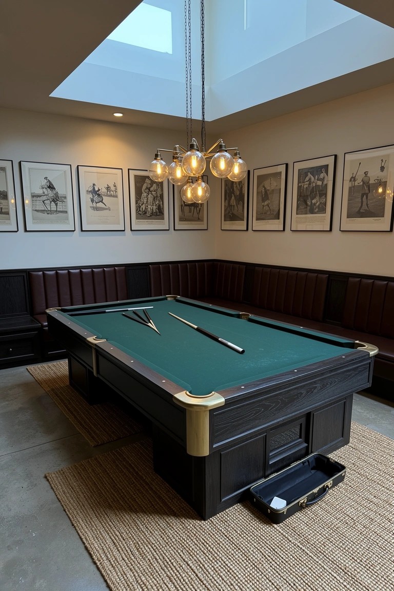 Corner of a refined man cave with a dark wood pool table on green felt positioned in front of a tufted brown leather banquette booth, equestrian photos on walls, brass pendant light, and skylight above