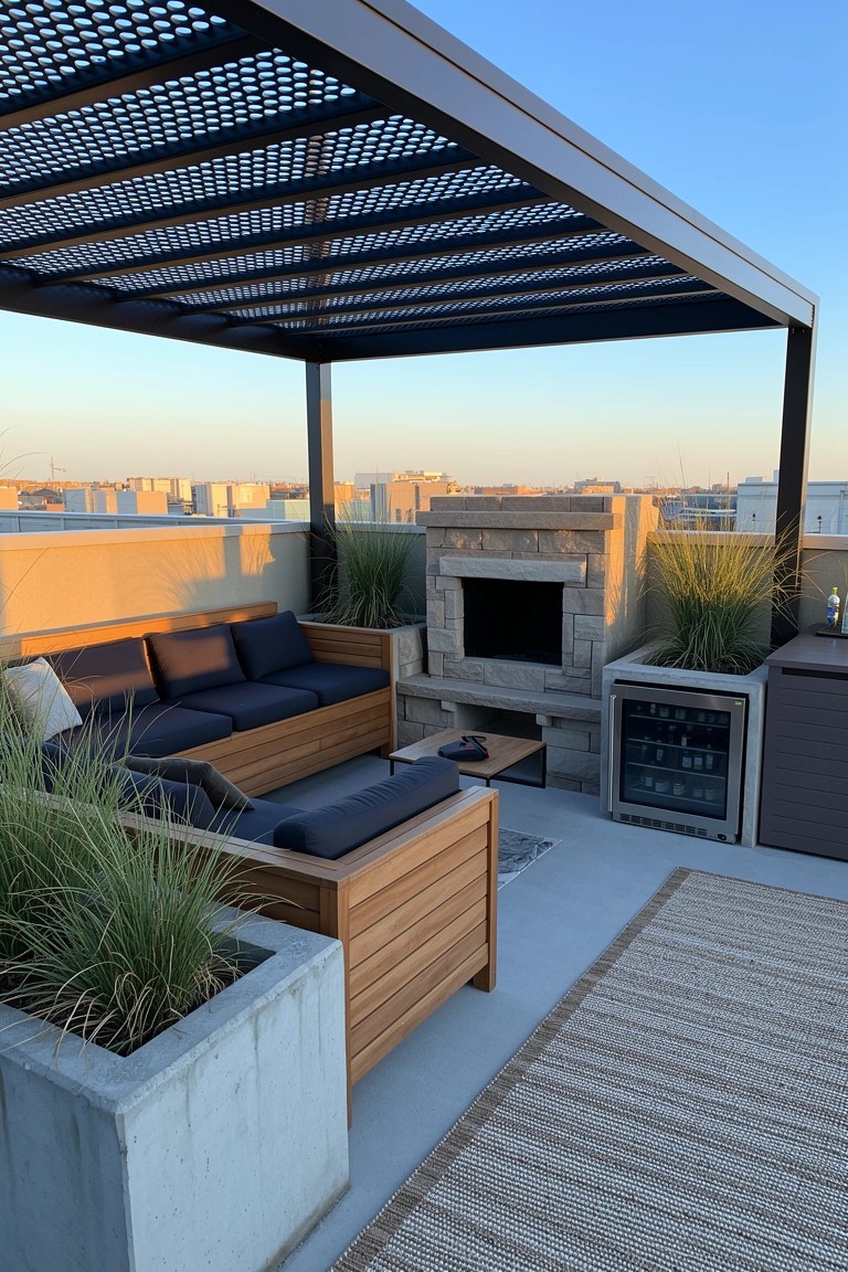 Rooftop lounge under black metal pergola with stone fireplace, wood benches with navy cushions, potted grasses, beverage fridge, and city view