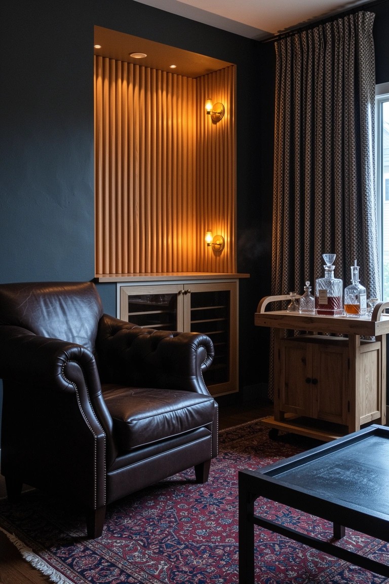 Man cave corner with dark walls, vertical slatted wood feature wall lit by sconces, built-in bar cabinet, leather armchair, wooden bar cart, and Persian rug