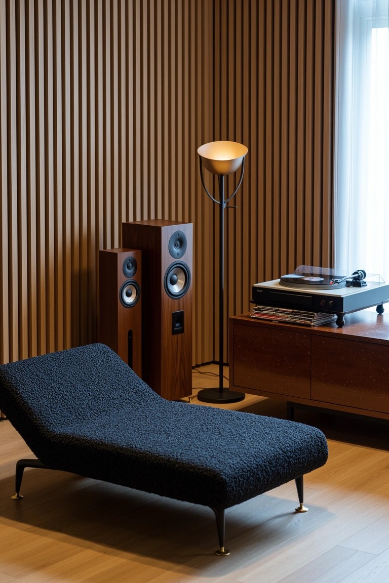 Modern man cave with vertical slatted wood walls, tall speakers, turntable on low cabinet, and dark textured chaise lounge