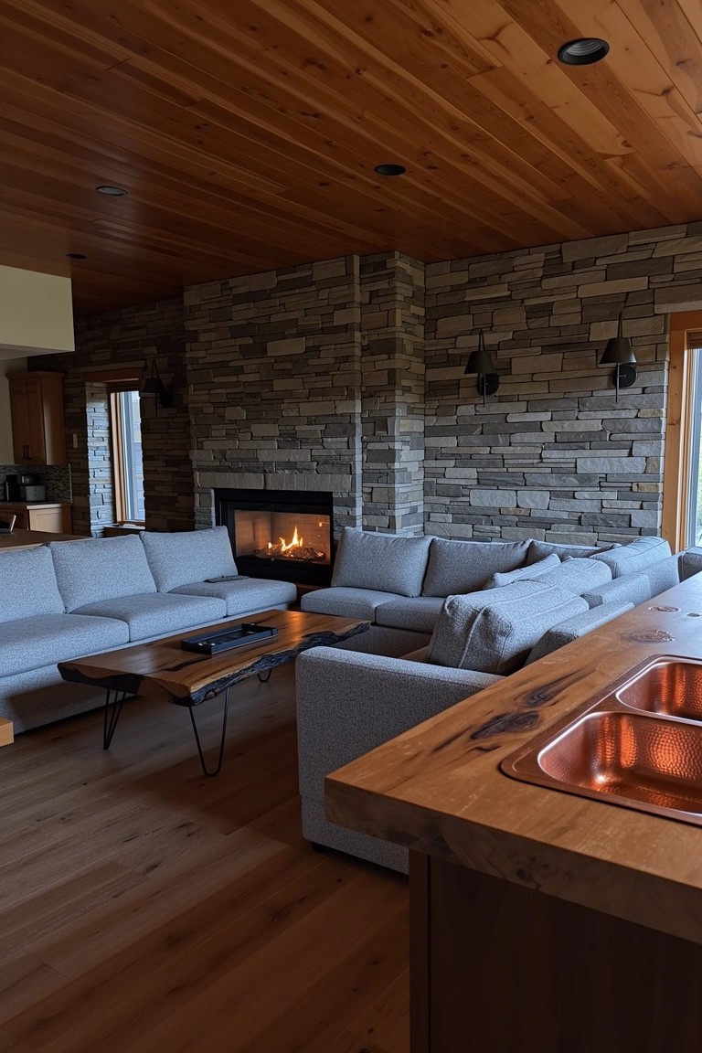 Open-plan cabin living room with cedar plank ceiling, tall stone fireplace wall, L-shaped gray sectionals, and wooden kitchen island