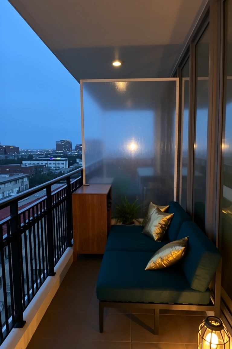Teal balcony daybed sofa with gold pillows and wooden side table behind frosted glass screen