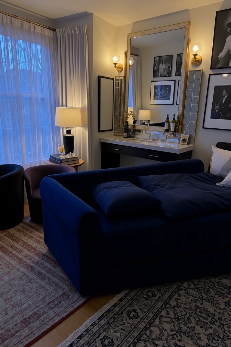 Cozy bedroom corner with blue velvet sofa bed, gold mirror vanity holding wine bottles, wall lamps, and black-and-white photos