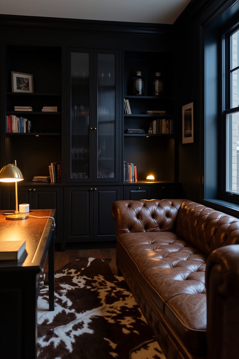 Moody home office corner featuring tall black built-in cabinets with glass doors, filled with books and lit by brass lamps, next to a tufted leather sofa and wooden desk