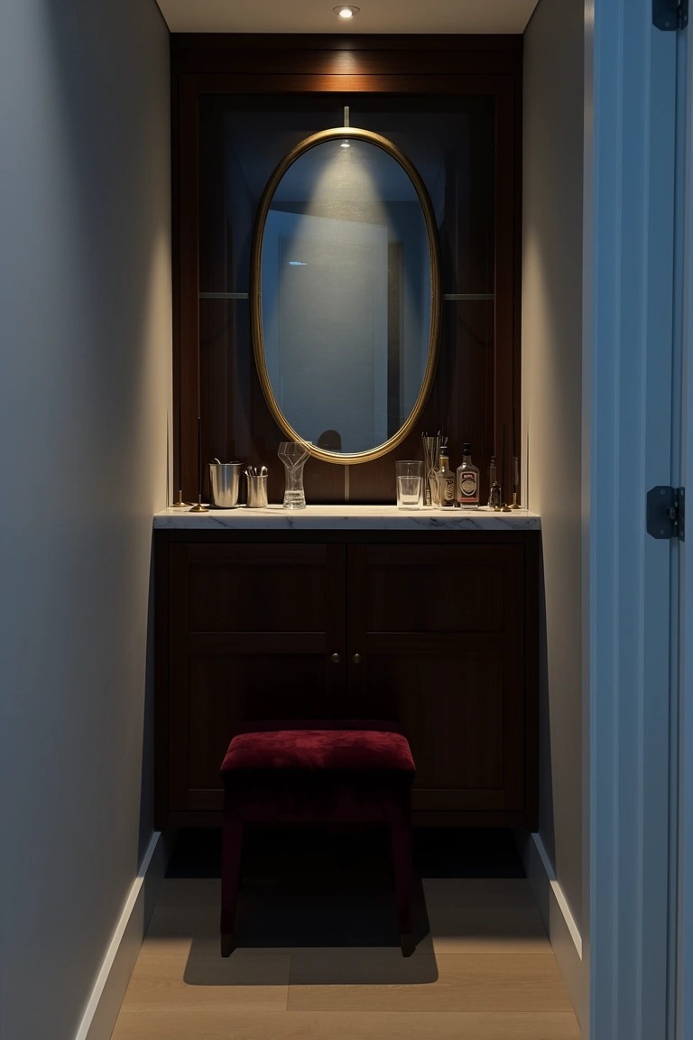 Narrow built-in vanity alcove with oval mirror, wood cabinets, red stool and toiletries on marble top