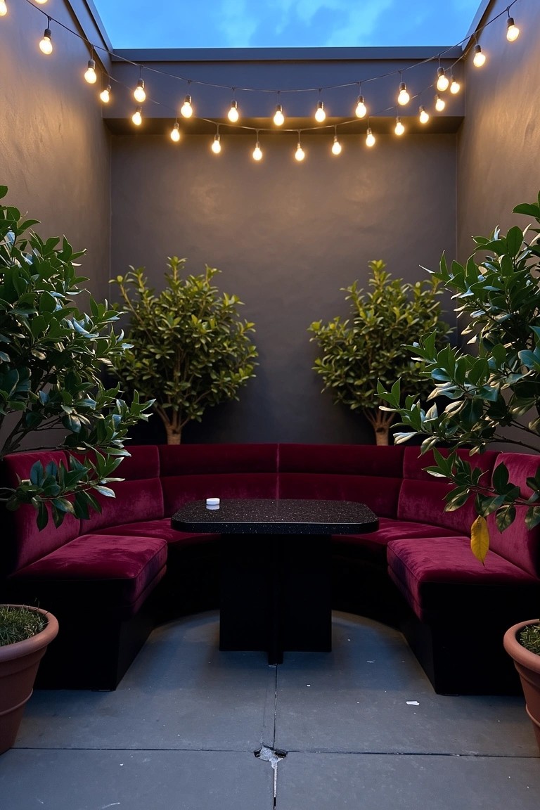 Intimate courtyard lounge with curved red velvet sectional sofa, black table, flanking potted olive trees, and overhead string lights