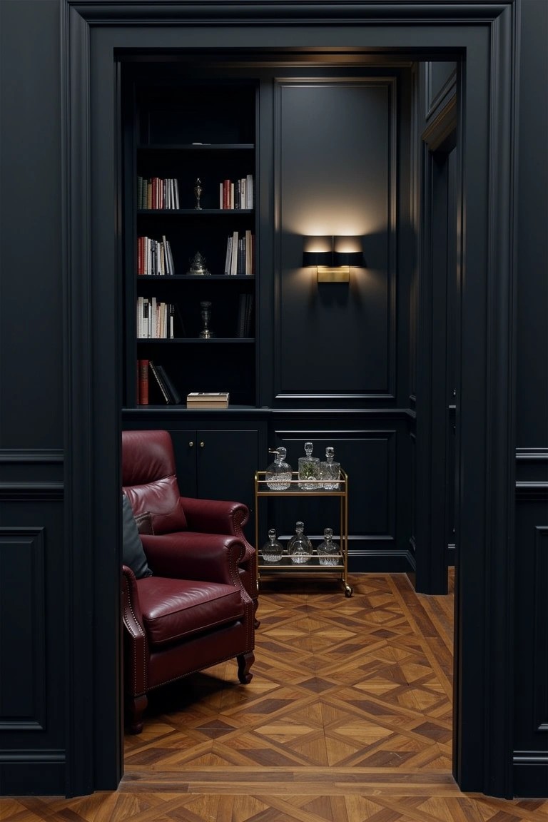 Dark navy built-in cabinets around a doorway with bookshelves, red leather armchair, and gold bar cart holding decanters