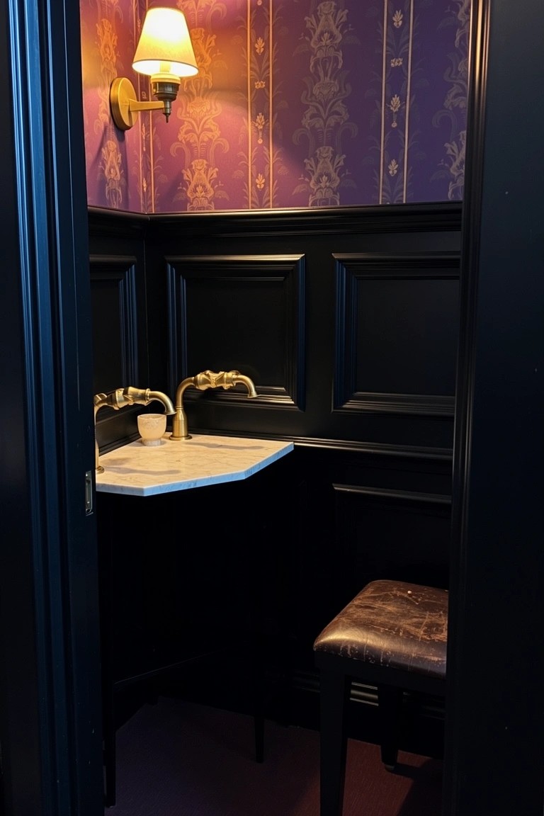 Small powder room nook featuring black wood paneling, purple floral wallpaper, brass faucets, white marble sink shelf, and leather stool