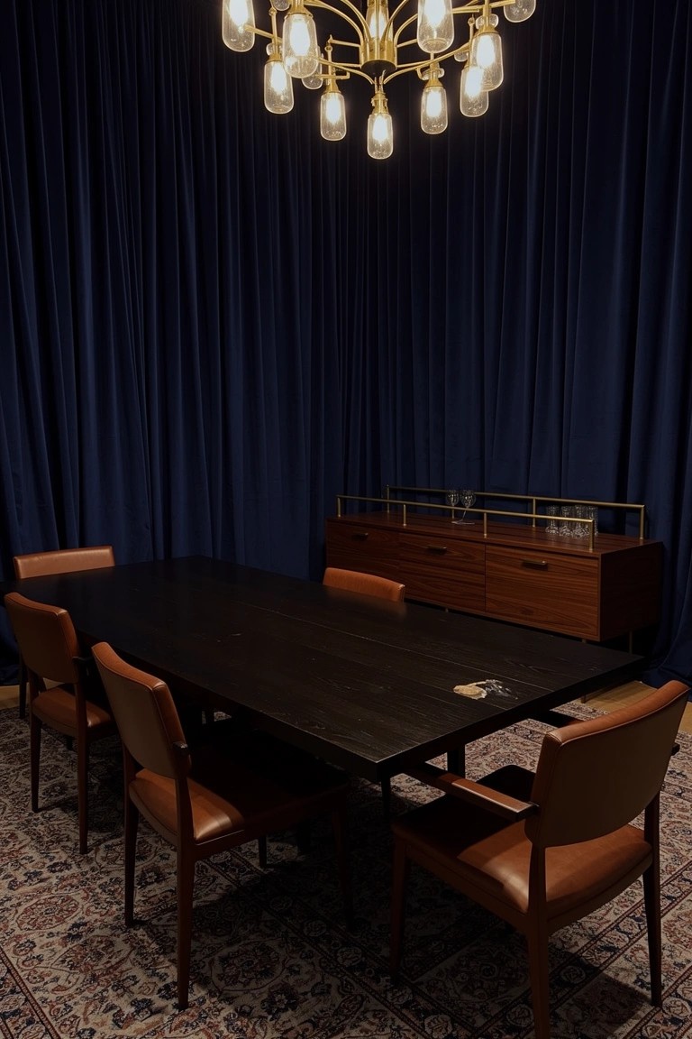 Intimate speakeasy dining room with floor-to-ceiling navy curtain walls, dark wood table, leather chairs, brass credenza, and glowing chandelier