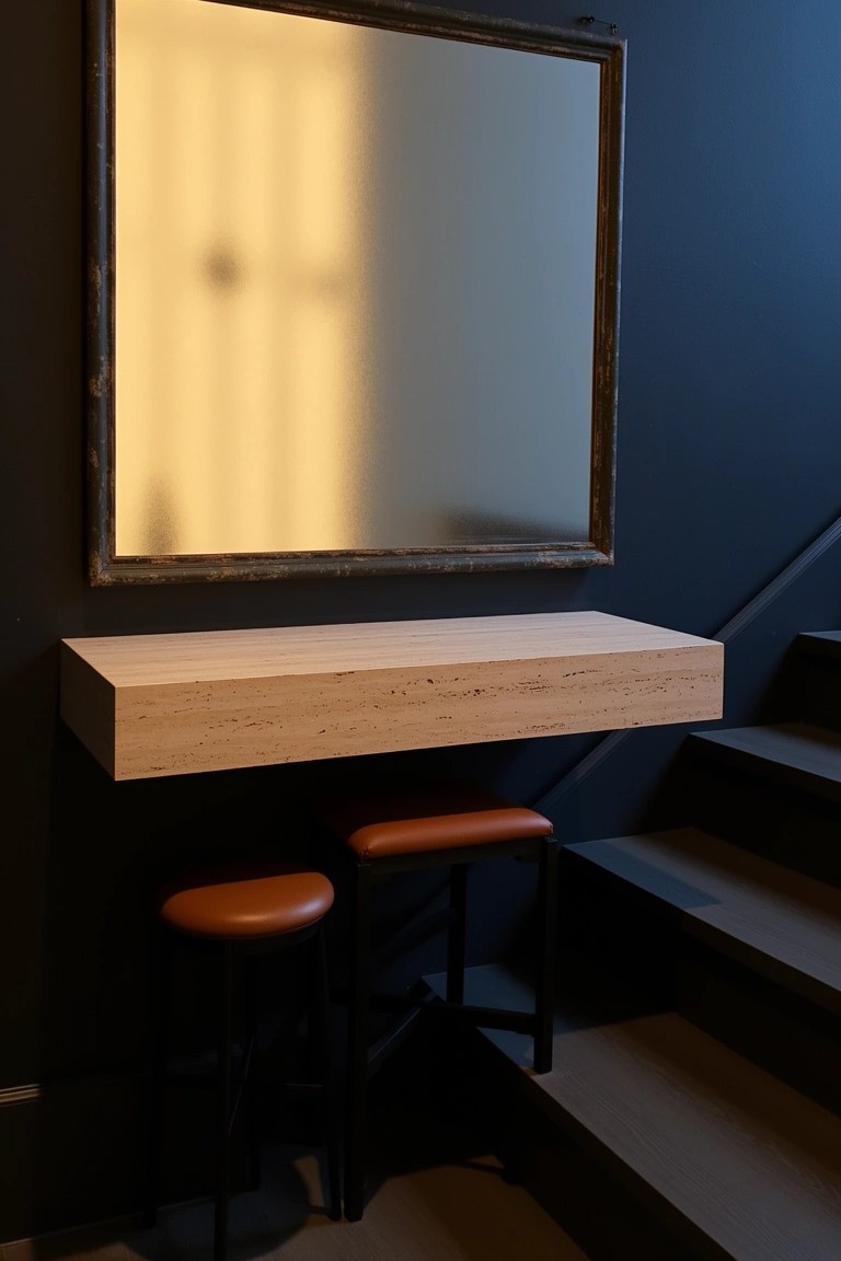 Compact speakeasy bar nook in dark stairwell with floating wood shelf, black metal stools with orange seats, and large framed mirror