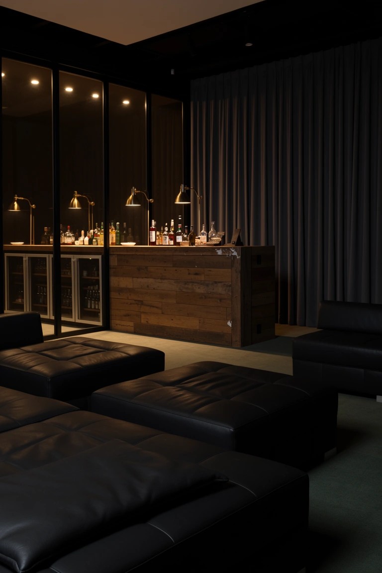 Modern home speakeasy bar with raised wooden counter, backlit shelves, and low black leather seating