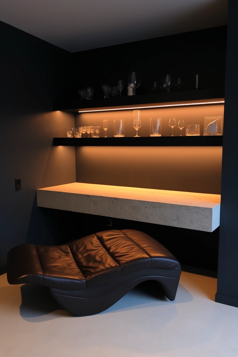 Dark moody bar nook with LED-backlit shelves displaying glassware and bottles above a floating concrete counter and brown leather chaise lounge