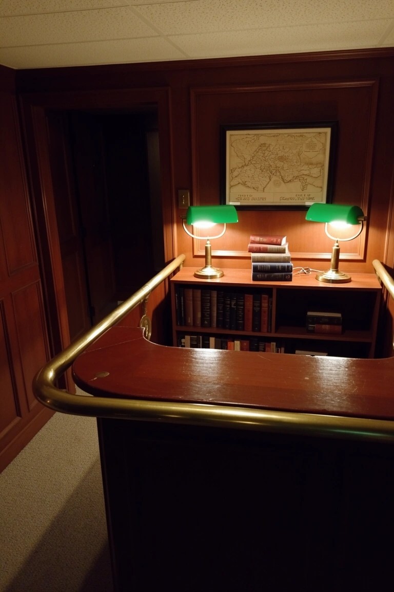 Dark wood paneled basement bar with curved counter, brass railing, bookshelves, and green shaded lamps