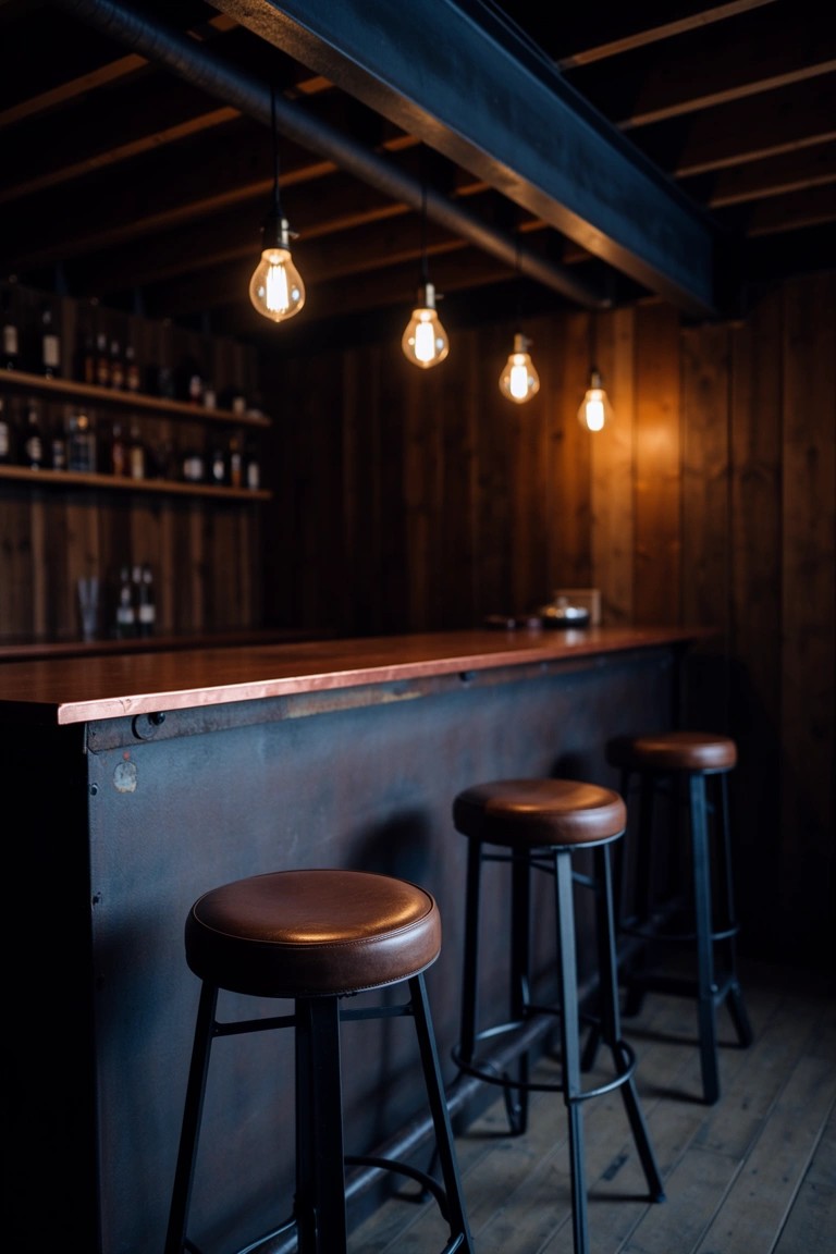 Basement speakeasy bar with copper countertop on rusted metal base, leather barstools, hanging Edison bulb lights, and bottle shelves against wood-paneled wall