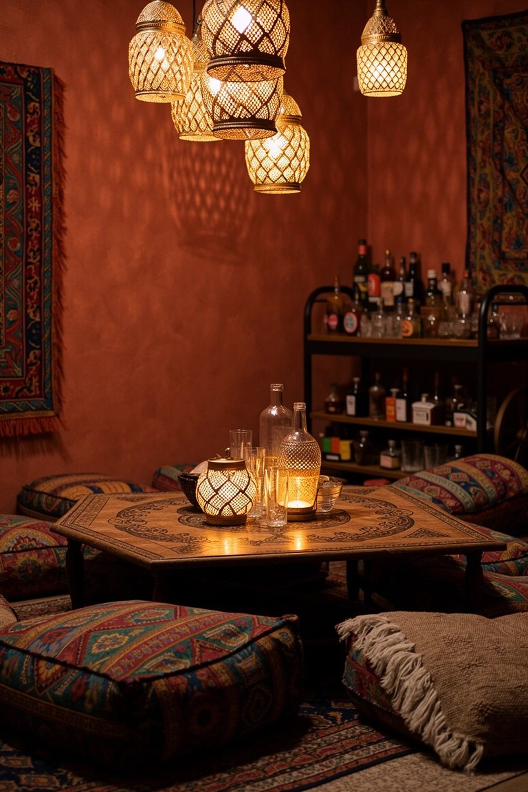 Intimate lounge nook with terracotta walls, hanging woven lanterns casting warm light over a low hexagonal table surrounded by colorful floor cushions and a nearby bar cart