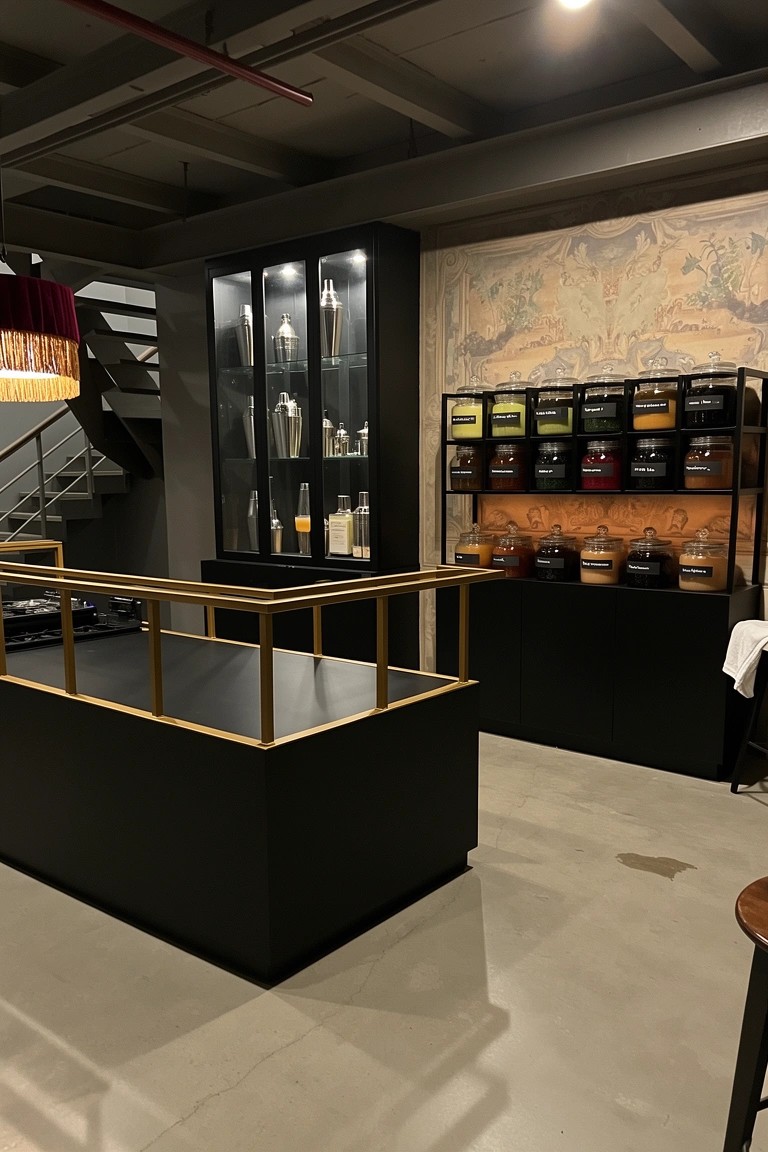 Moody basement bar counter in black with brass side rail, glass shelves holding liquor bottles, and wooden barrels on display