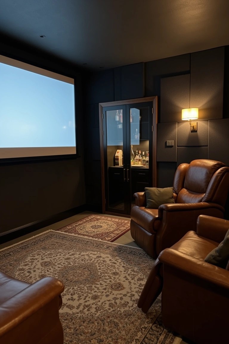Dark paneled basement with leather recliners facing projector screen and wood bar cabinet