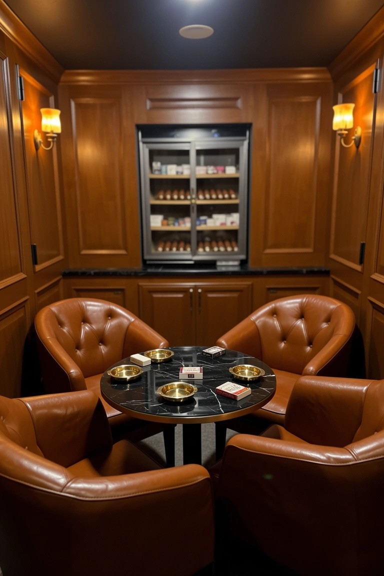 Wood-paneled basement lounge with four tan leather armchairs around a black marble-topped table holding ashtrays and a glass-door humidor cabinet