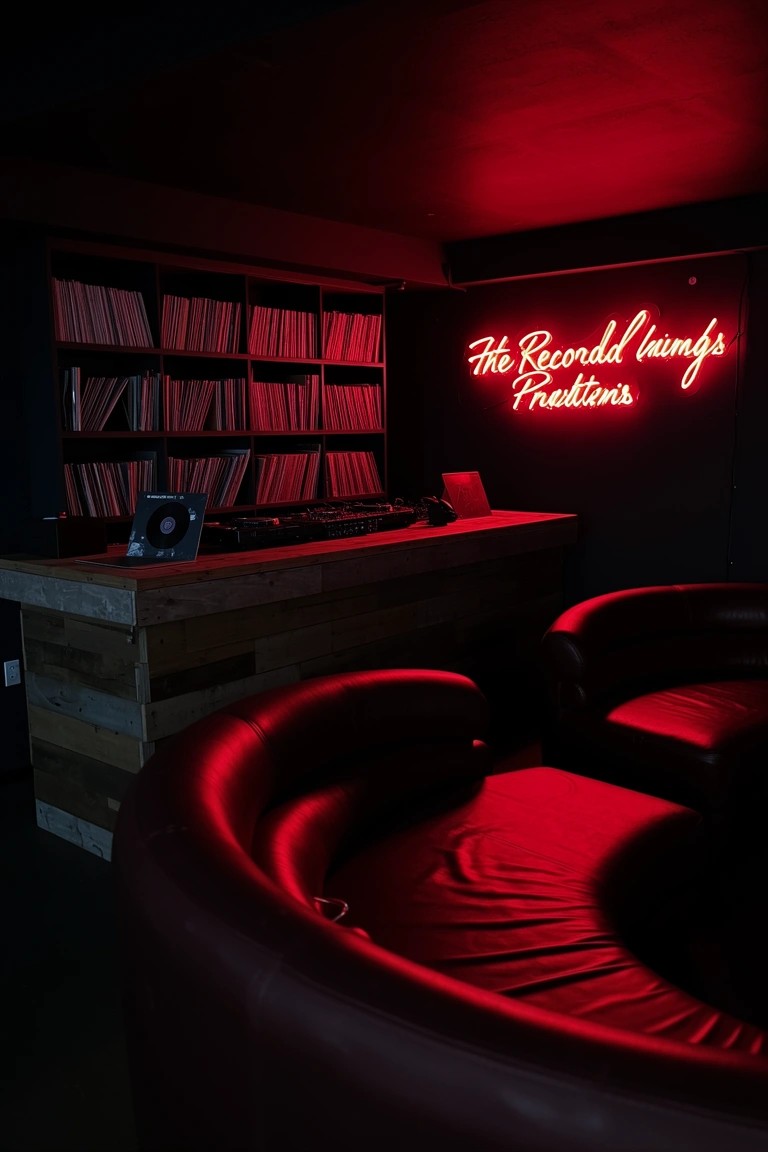 Basement speakeasy bar with vinyl record shelves lining the walls, DJ setup on wooden counter, glowing red neon sign, and curved red leather seating