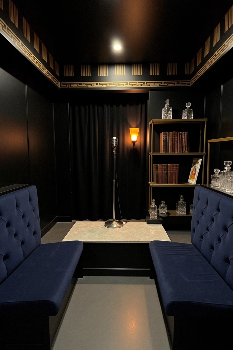 Dark speakeasy lounge with black walls, gold trim, blue velvet tufted sofas facing a marble table and brass microphone stand, lit by wall lamps and shelves with decanters