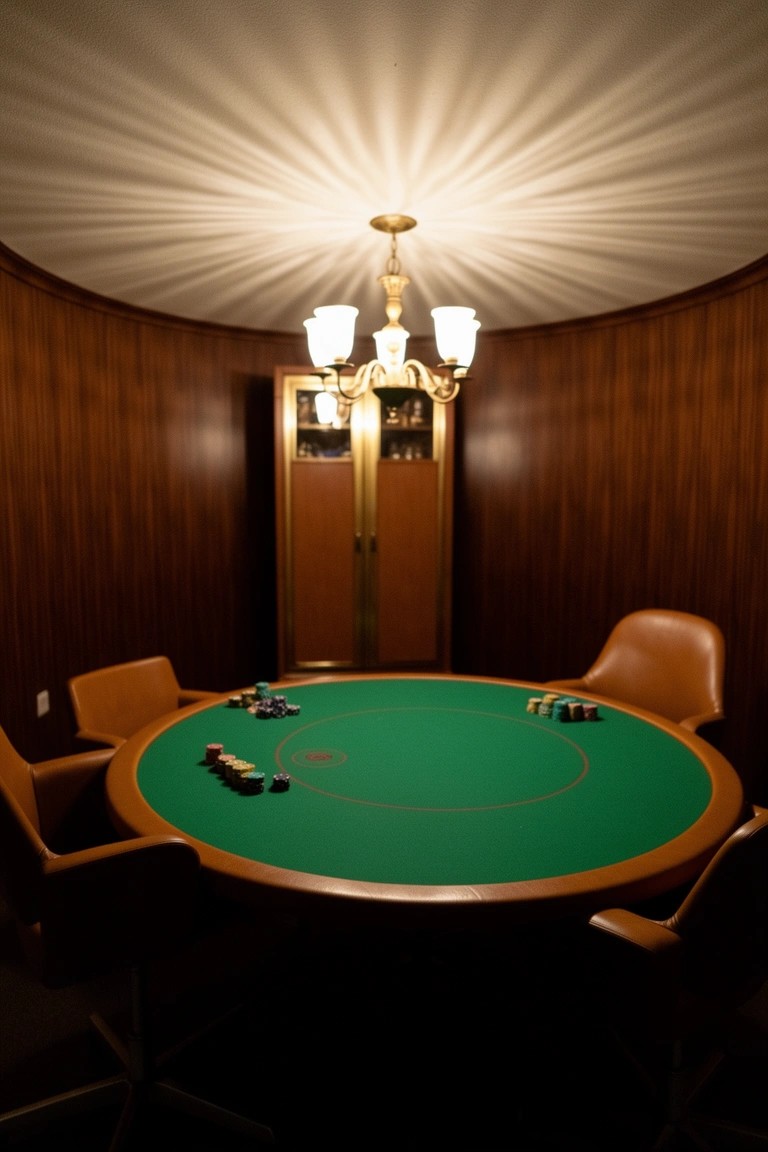Wood-paneled circular room with central green poker table, leather swivel chairs, and brass chandelier for moody basement speakeasy vibe
